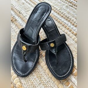 Eric Javits Black Sandals with Gold Emblem